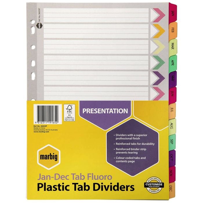 Marbig Jan-Dec Manilla Plastic Tab Dividers (A4) (Fluoro)