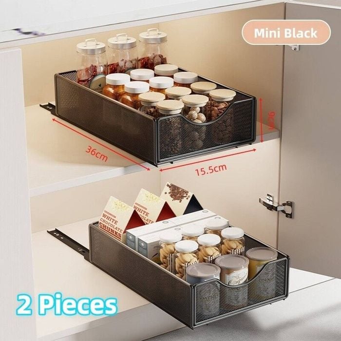 2pcs Cabinet Pull Out Slide Drawer Kitchen Shelf Organiser Rack Storage Spices Holder Cabinets Mini Black - Mini Black