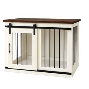 Paws and Willow Single Arctic White with Espresso Top Wooden Dog Crate Barn Doors with Bars