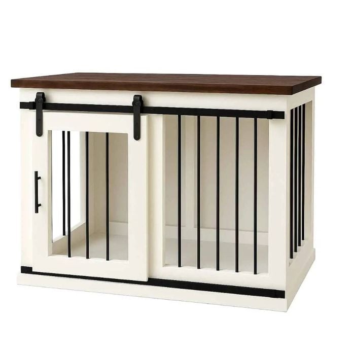 Paws and Willow Single Arctic White with Espresso Top Wooden Dog Crate Barn Doors with Bars
