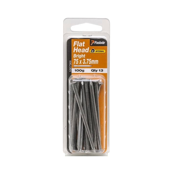 Paslode 75 x 3.75mm 100g Bright Steel Flat Head Nails - 13 Pack