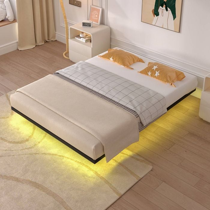 Advwin Floating Bed Frame Queen with LED Lights Black Metal Platform Base