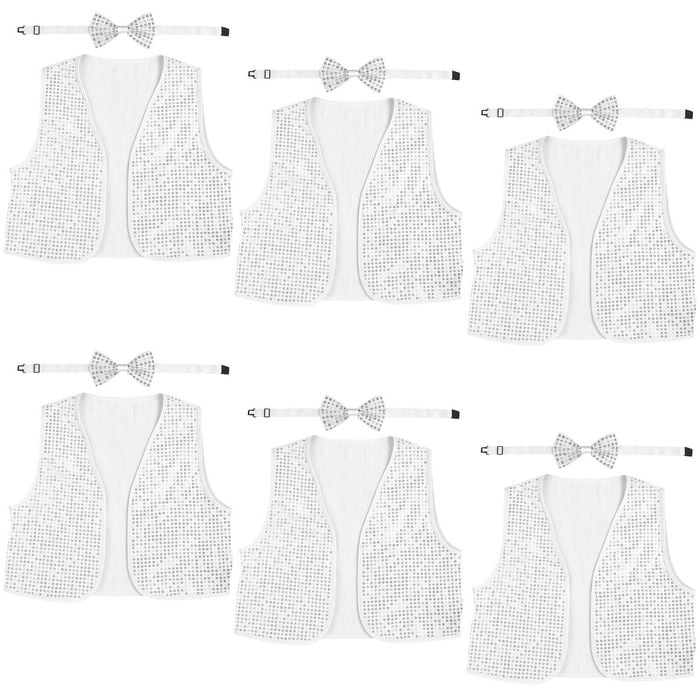6x Kids Sequin Vest Bow Tie Set Costume 80s Party Dress Up Waistcoat - Silver - Silver | Silver | Boys
