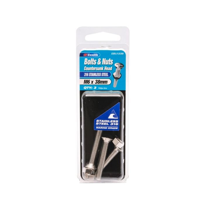 Zenith Bolt & Nut M 6x 38mm CSK Head SS316  3pk