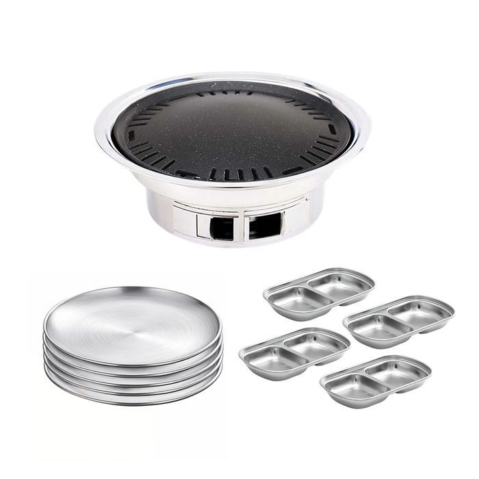 SOGA Kitchenware Bundle – Silver Grilling Plate, Divided Sauce Pan & Portable Charcoal BBQ Grill