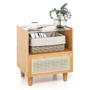 Costway Bamboo Bedside Table Rattan Nightstand w/Drawer & Wood Legs Modern End Table