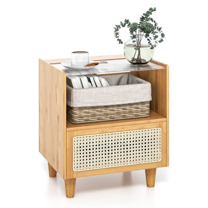 Costway Bamboo Bedside Table Rattan Nightstand w/Drawer & Wood Legs Modern End Table