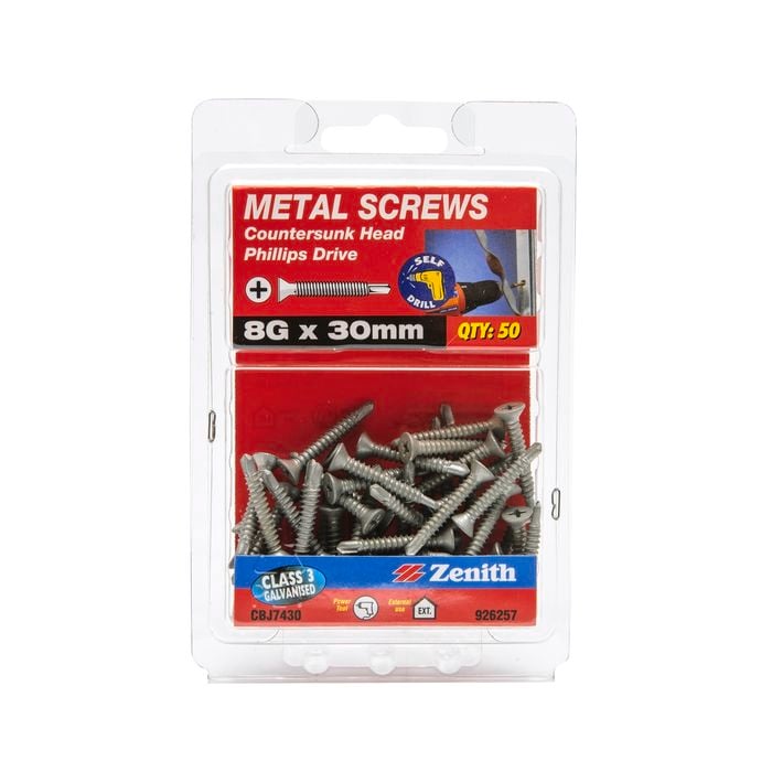 Zenith 8G x 30mm Galvanised Countersunk Head Metal Screws - 50 Pack