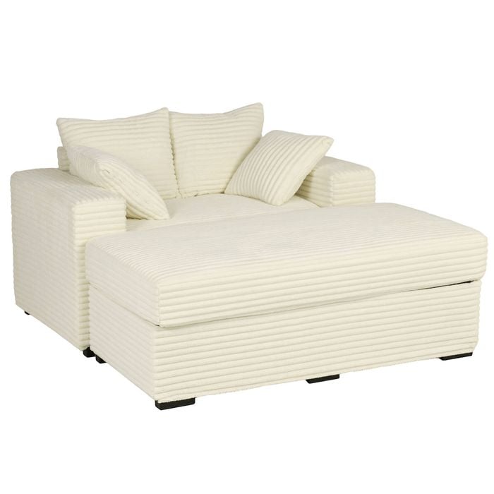 Advwin 148cm Sofa Bed w/ Storage Ottoman Corduroy Chaise Lounge Chair Oversized Sleeper Couch Beige