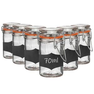 Argon Tableware 6x Glass Storage Jars & Labels Set - 70ml/2.5oz 4 Colour Seals Airtight Kitchen Storage Container Preserving Jar