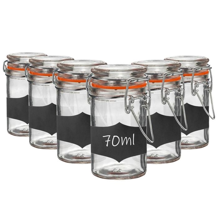 Argon Tableware 6x Glass Storage Jars & Labels Set - 70ml/2.5oz 4 Colour Seals Airtight Kitchen Storage Container Preserving Jar