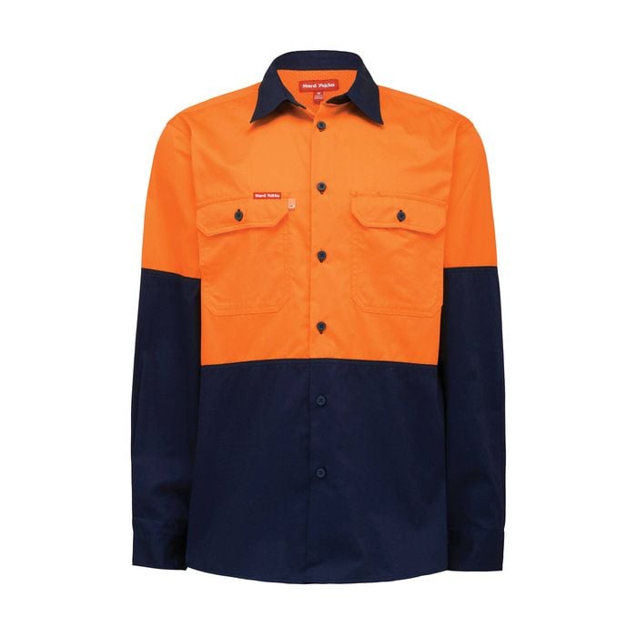 Hard Yakka Orange/Navy Hi Vis Long Sleeve Shirt - Size M