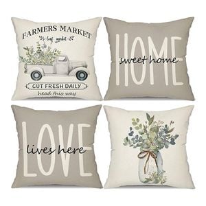 Catzon 4 Pcs Leaves Pillow Covers Linen Farmhouse Sweet Home Decorations-Grey