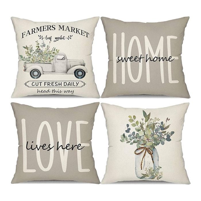 Catzon 4 Pcs Leaves Pillow Covers Linen Farmhouse Sweet Home Decorations-Grey