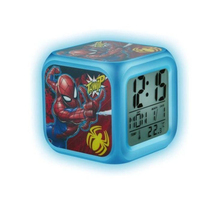 Marvel Spiderman Glo Clock With Led Colour Changing Light, Alarm, Snooze, Calendar & Thermometer