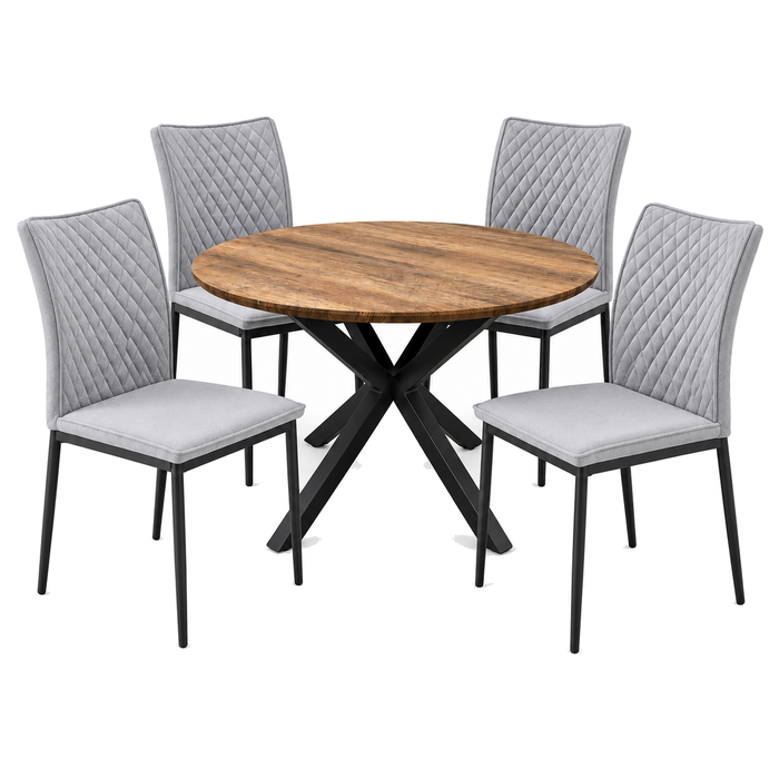 FORET 5 Piece Round Dining Table Set With 4 Grey Fabric Chairs