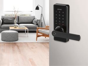 Close-up of a Schlage smart lock on a front door] 
