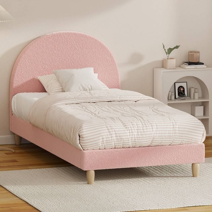 Oikiture Pink Boucle Bed Frame- King Single
