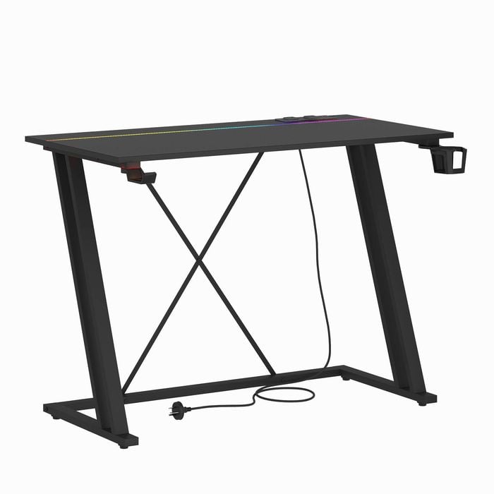 Ufurniture 100cm LED Gaming Desk Z-shaped Carbon Fiber Computer Desk with Charging Station Small Office Desk Black