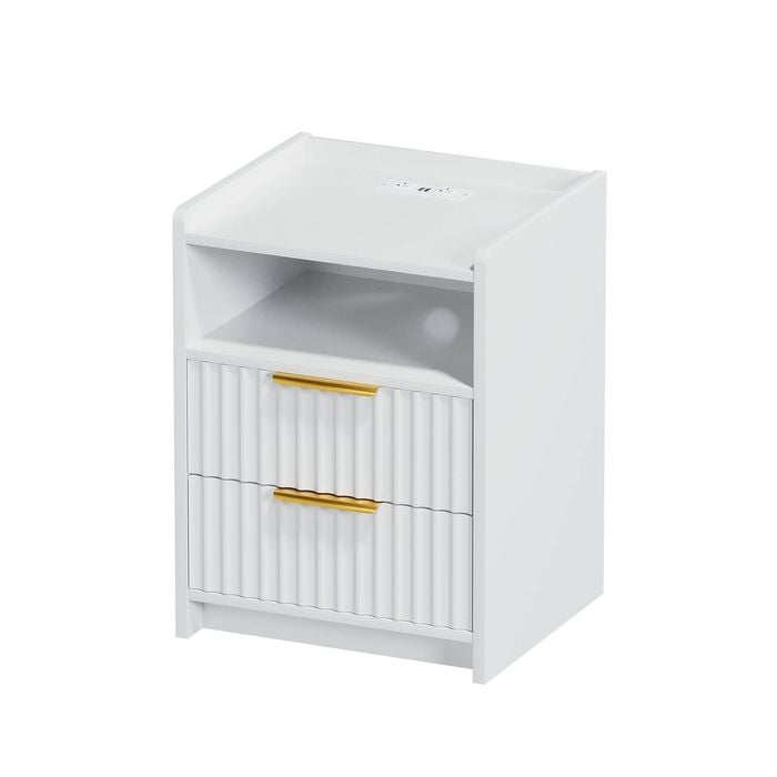 Advwin Bedside Table With Charging Station, Wave Fluted Wood Nightstand With 2 Storage Drawers White