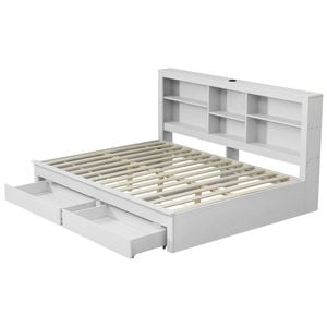 Artiss Solid Wood Double Platform Bed Frame With Storage Headboard, Charging Station And Drawers