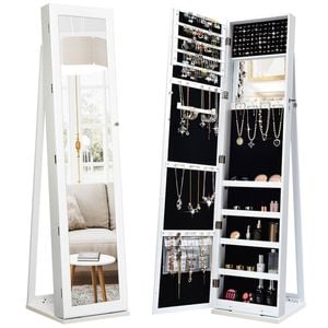 Costway Rotating Jewellery Cabinet Storage Organizer Full-length Mirror Lockable Armoire White