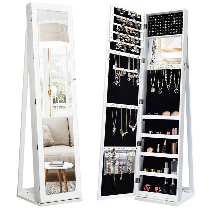 Costway Rotating Jewellery Cabinet Storage Organizer Full-length Mirror Lockable Armoire White