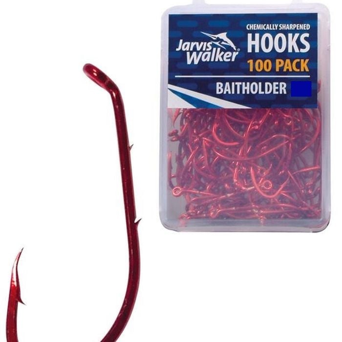 100 x Jarvis Walker Size 2 Baitholder Hooks - Red Chemically Sharpened Hooks