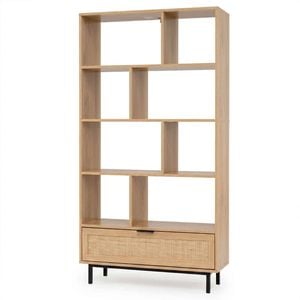 Costway 162cm 6-Tier Wooden Bookcase Rattan Drawer 8 Cube Natural