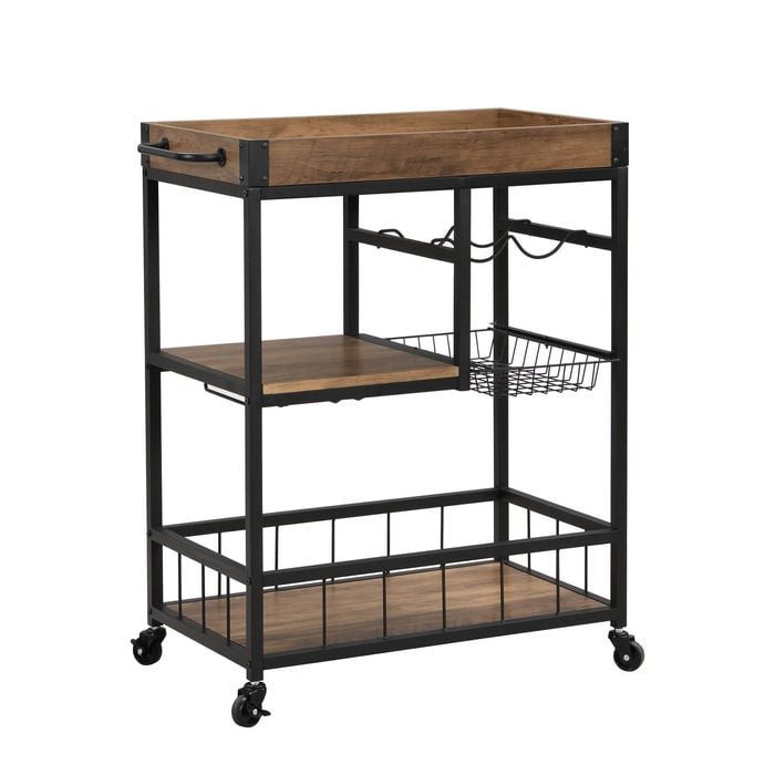 IHOMDEC 3-Tier Bar Cart Trolley with Glass & Wine Holder Rustic Brown