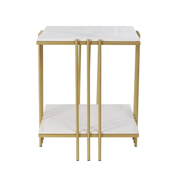 P&P Gold End Table White Sintered Stone Top Bedside Side Table with Shelf