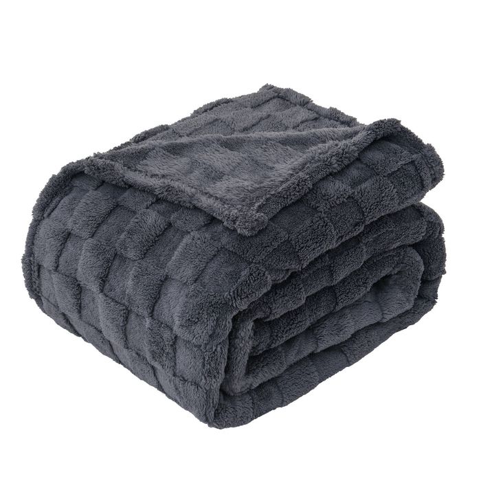 LINENOVA Warm Soft Coral Fleece Checked Throw Blanket - Charcoal