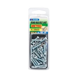 Zenith M4 x 20mm Zinc Plated Round Head Bolt And Nut - 22 Pack