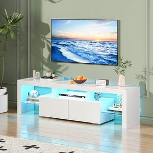 Ufurniture LED TV Cabinet 160cm Gloss Entertainment Unit 2 Doors & Open shelves White