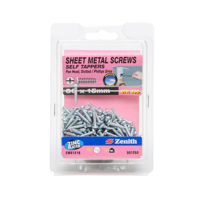 Zenith 6G x 15mm Zinc Plated Pan Head Sheet Metal Screws - 100 Pack