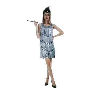 Charleston Sequin Flapper Fringe Costume Tassel Party Fancy Dress 20s 30s Silver