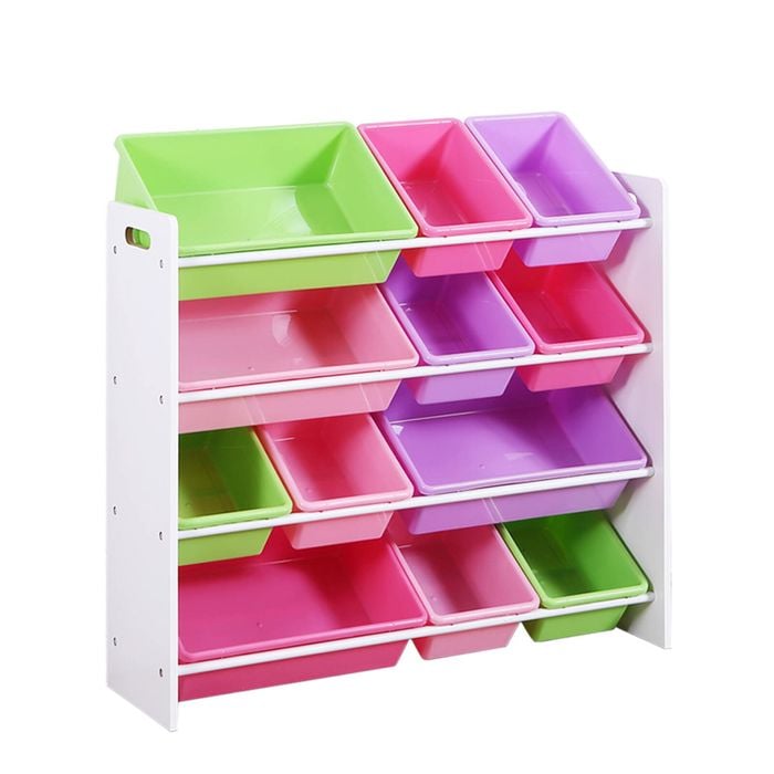 Levede 4 White Tier Wooden Kids Toy Organizer Bookshelf With 12 Plastic Bins