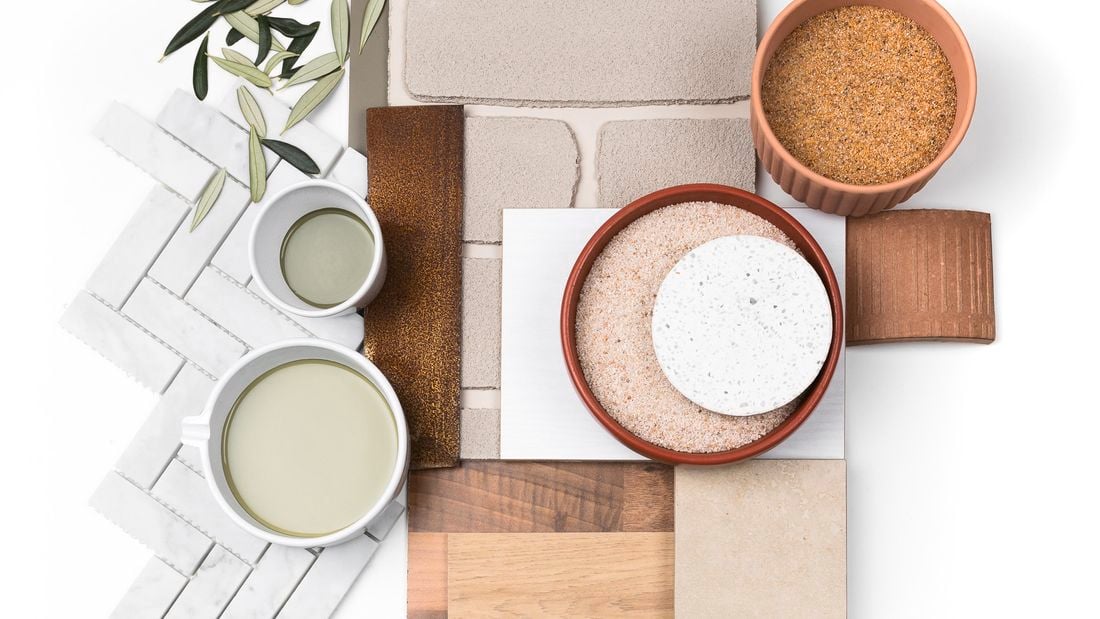 Various tiles, panels, stones and textures used to create an earthy feel outdoors