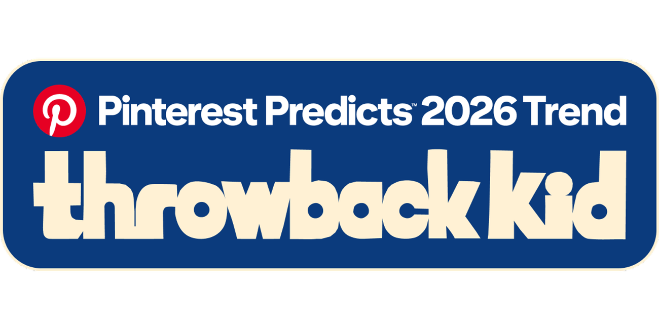 Pinterest predicts 2026 Trends throwback kid in writing on a blue background with a P on a red circle background.