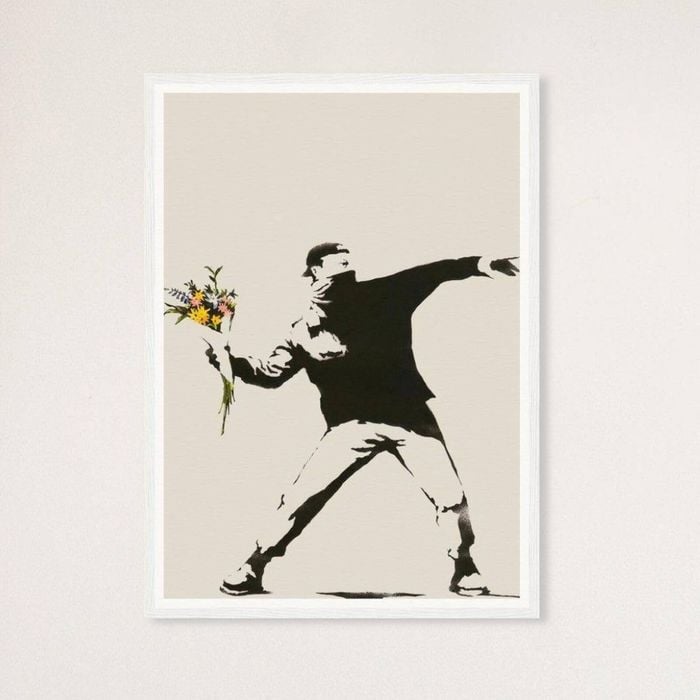 Galrie Banksy Love is in the Air Flower Thrower Artwork - 2003 Limited Edition Print, White Frame, 50 x 70cm (20 x 28inch)