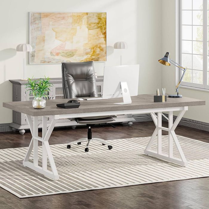 OAKORY 180cm Office Desk with Brown Top and White X Frame