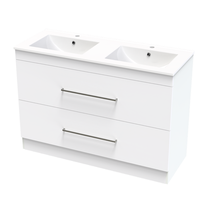 Clearlite 1200mm Ultra Gloss White Cashmere Vanity Double Draw Double Bowl Floor Standing