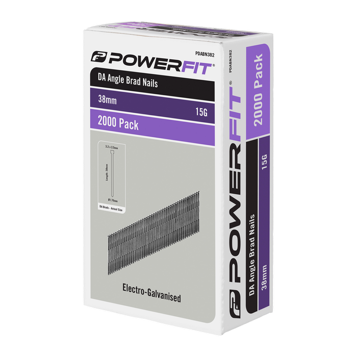 PowerFit 38mm Electro-Galvanised DA Angled Brad Nails - 2000 Pack