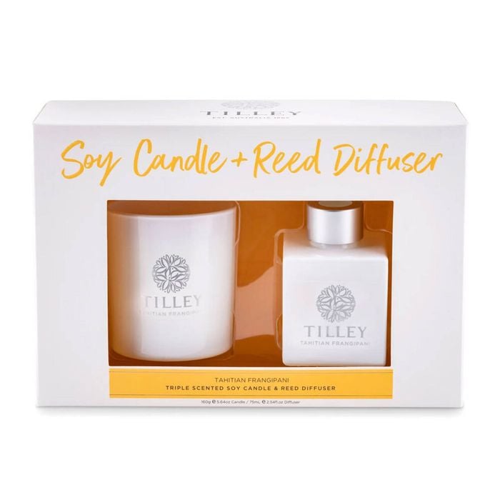2pc Tilley Classic White Tahitian Frangipani 160g Candle & 75mL Reed Diffuser
