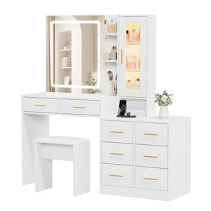 Advwin Dressing Table with 8 Storage Drawers,RGB Cabinet, LED Mirror & Charging Station,White