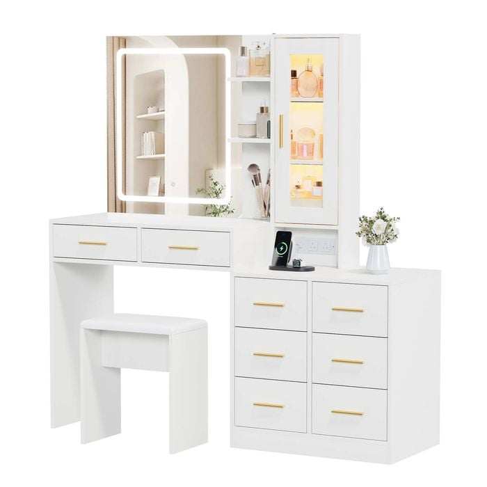 Advwin Dressing Table with 8 Storage Drawers,RGB Cabinet, LED Mirror & Charging Station,White