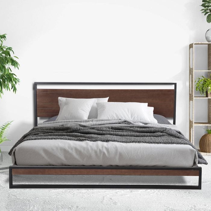 Single Metal Bed Frame With Wooden Headboard - Black Industrial Style Black Single