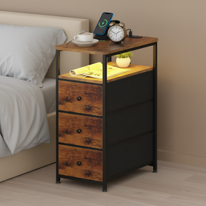 Ufurniture Narrow Side Table Bedside Table with 3 Drawers Night Stand Sofa End Table, Walnut and Black