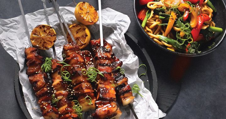 Pork Belly Skewers with Noodle and Vegetable Stir Fry