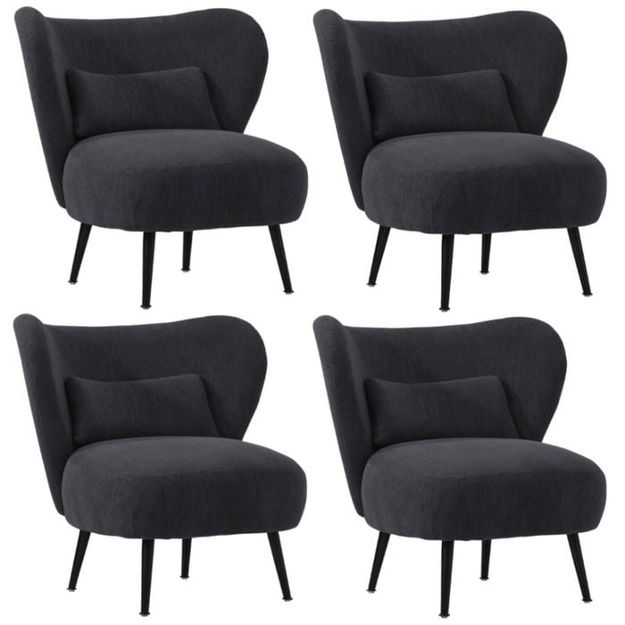 Oikiture 4x Armchair Lounge Chair with Lumbar Pillow Wingback Velvet Charcoal